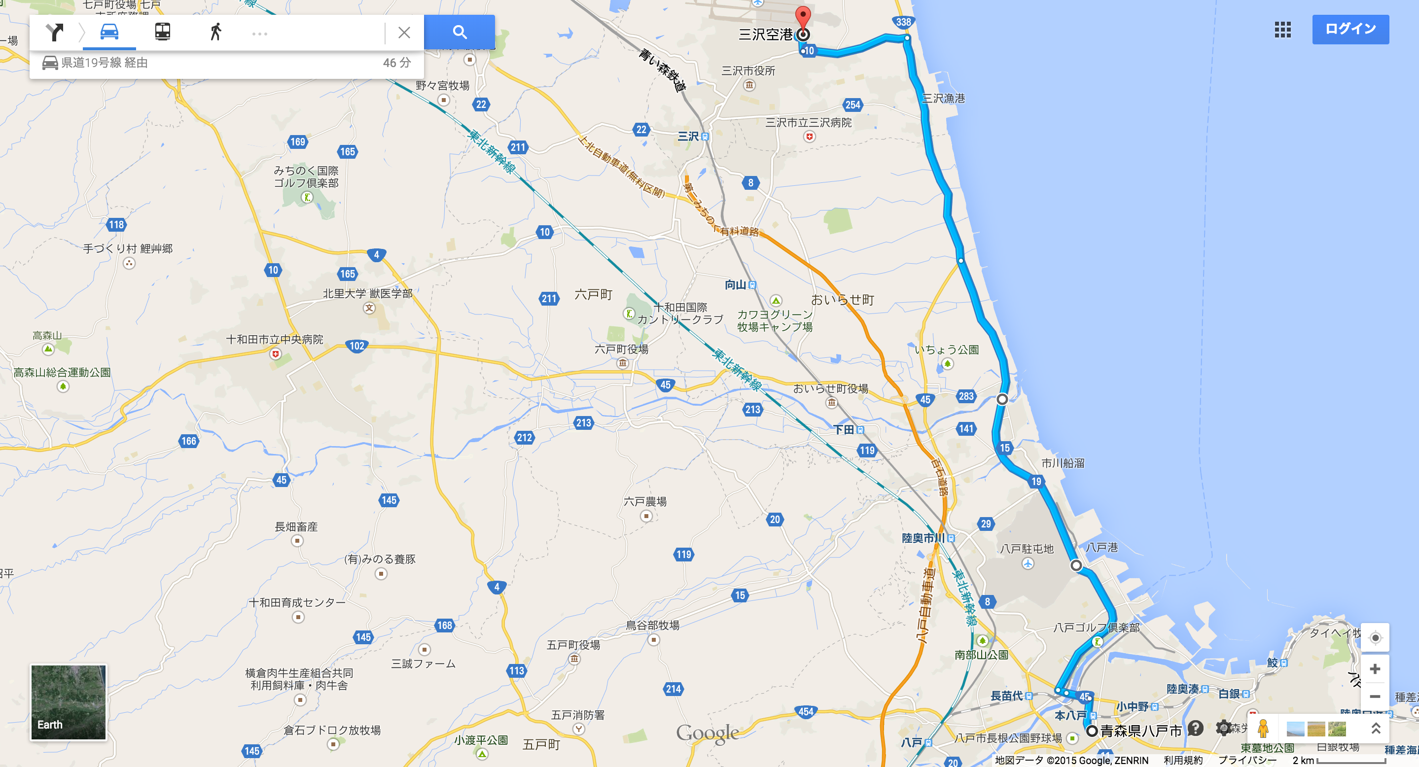 青森県八戸市 から 三沢空港   Google マップ